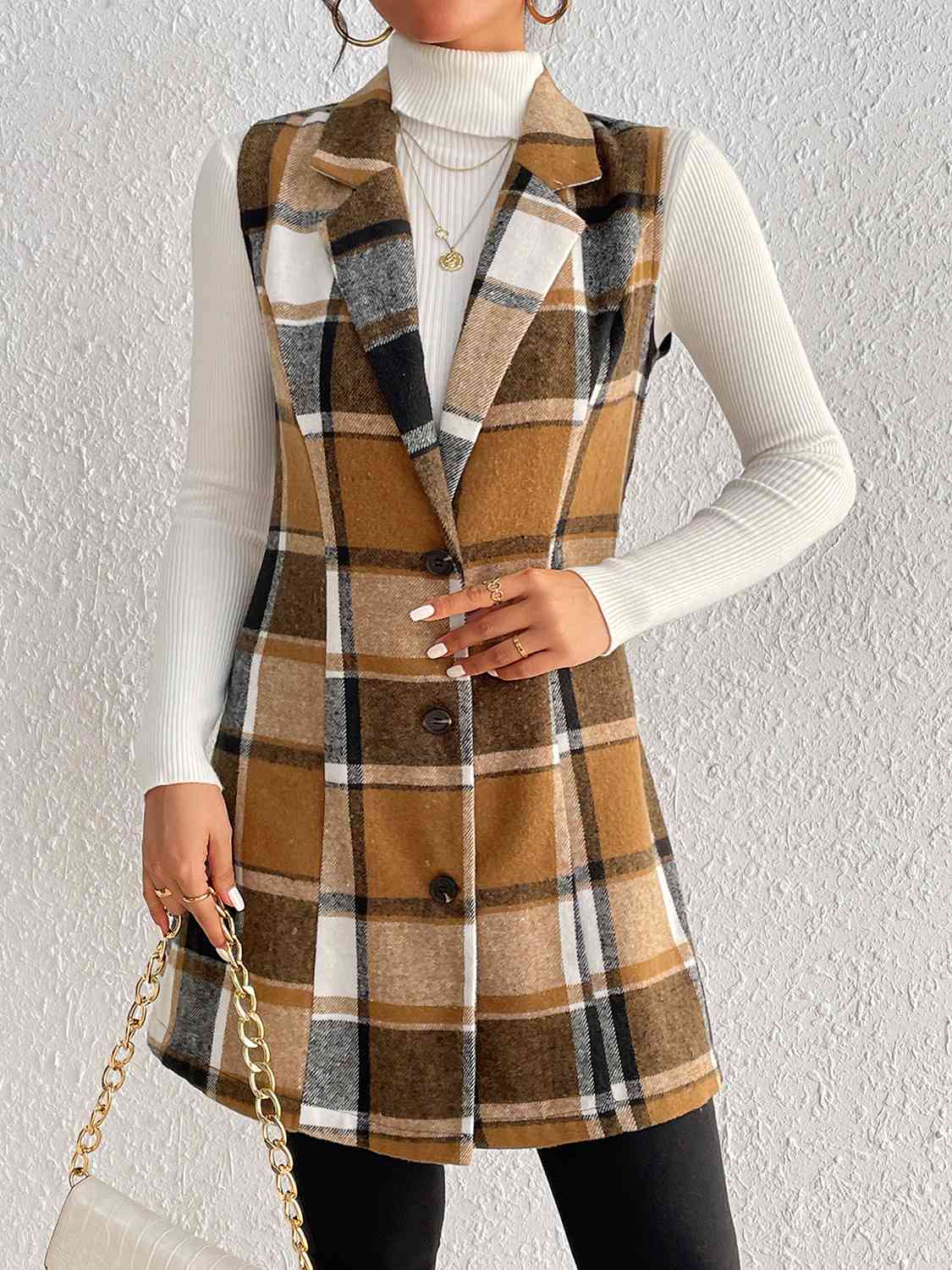 Women's - Chic Plaid Lapel Collar Vest - Stylish Layering Essential