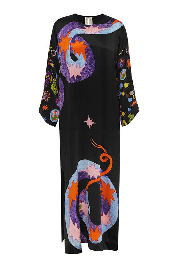 Unique print, slit, relaxed maxi dress