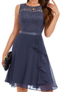 Women’s - Summer Dress - Pleated A-line with Lace Patchwork - Elegant Knee-Length Round Neck Style