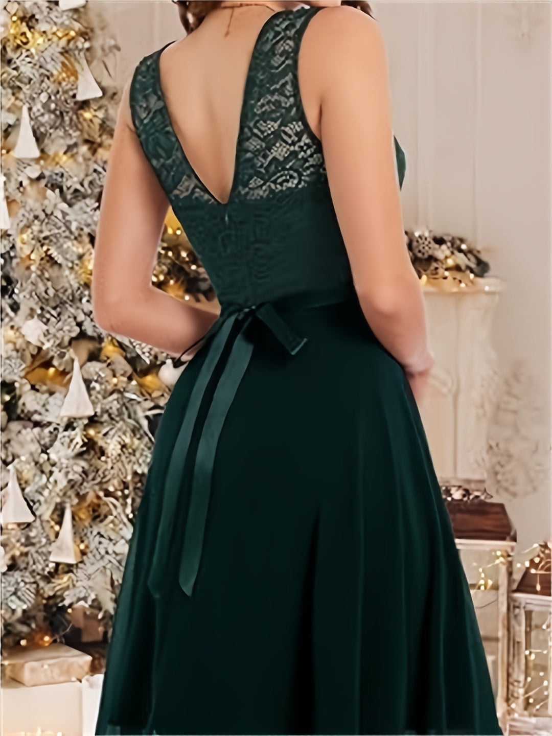 Women’s - Summer Dress - Pleated A-line with Lace Patchwork - Elegant Knee-Length Round Neck Style
