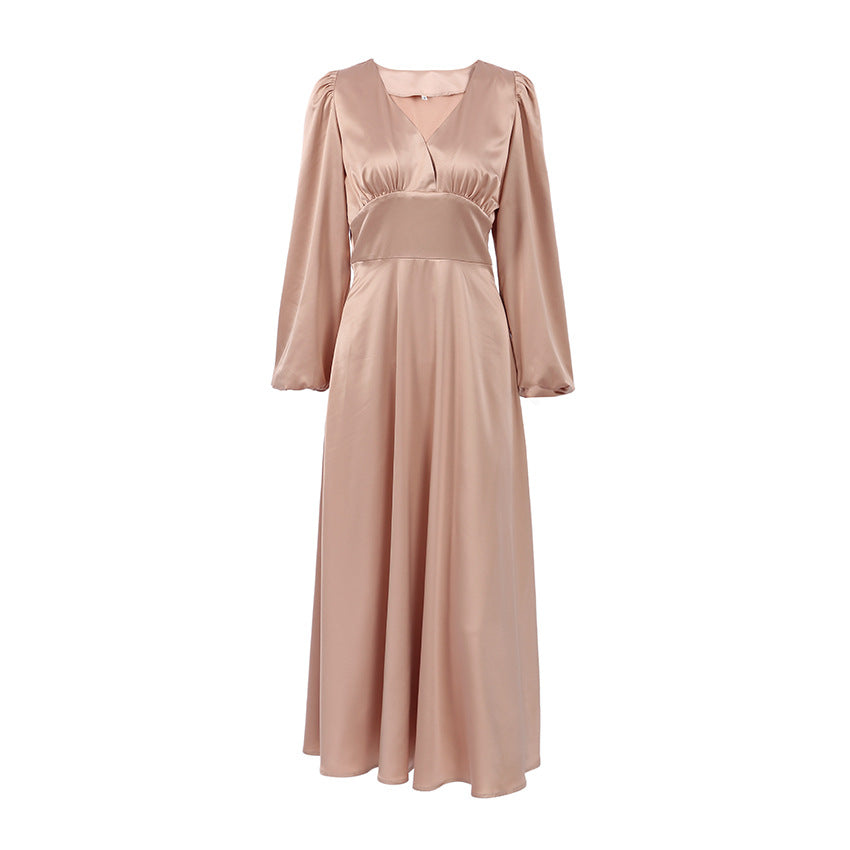 French Elegant satin dress with lantern sleeves