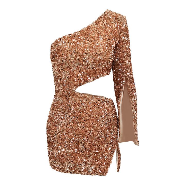 Fashionable sequin shoulder high waist hollow-out dress