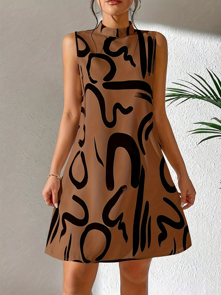 Women's - Brushed Pattern Dress - Mock Neck, Sleeveless, Airy & Casual - Perfect for Spring & Summer Style