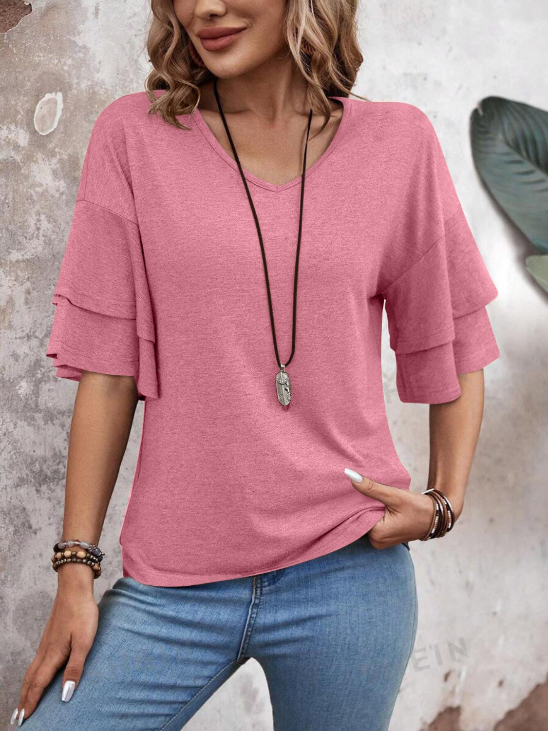 Women's - V-Neck Half Sleeve Blouse - Soft Fabric - Stylish Top