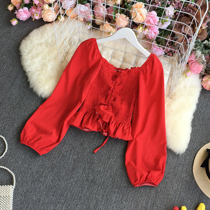 Chiffon Shirt Women Elegant Retro Square Neck Bubble Blouse