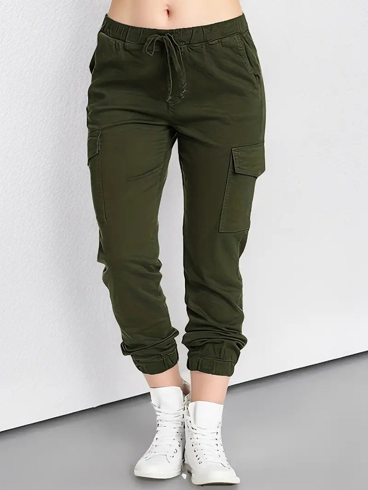 Casual women's trousers with drawstring in cargo style