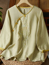 Women's - Linen Shirt - Women's 3/4 Sleeves, Pearl Buttons & Embroidery, Retro Style with Slanted Hem