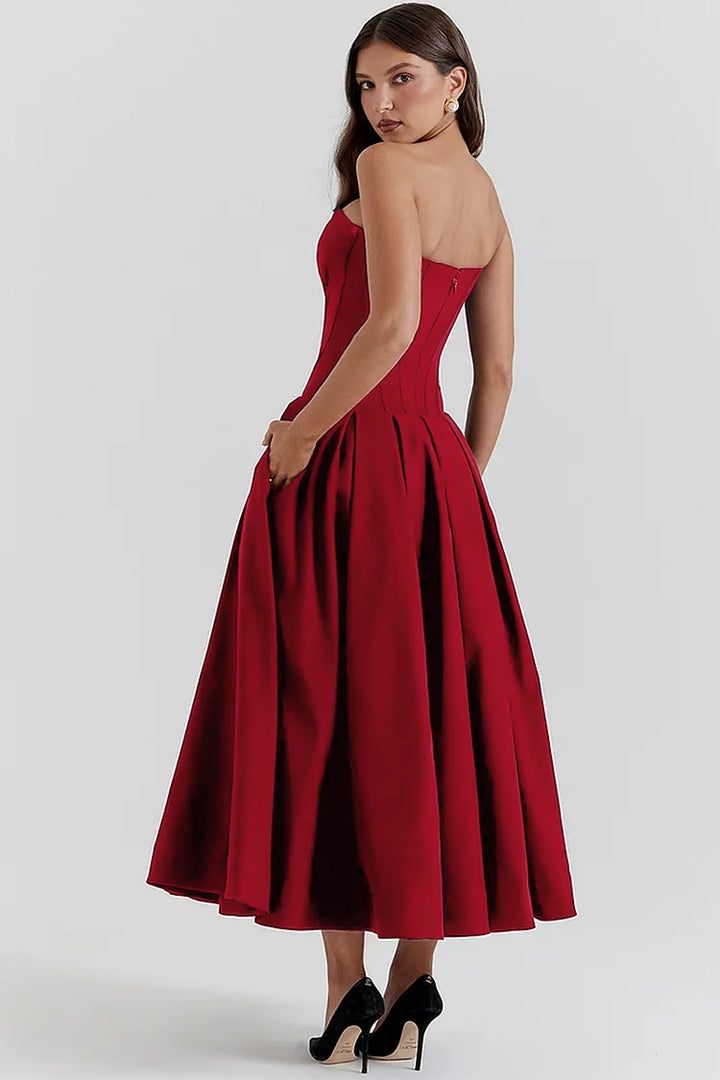 Strapless dress with deep V-neckline