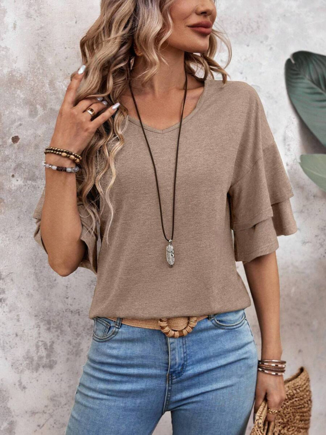 Women's - V-Neck Half Sleeve Blouse - Soft Fabric - Stylish Top