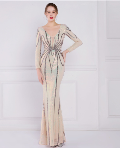 Banquet Elegant Long Sleeve Aura Queen Fishtail Dress with Sequins