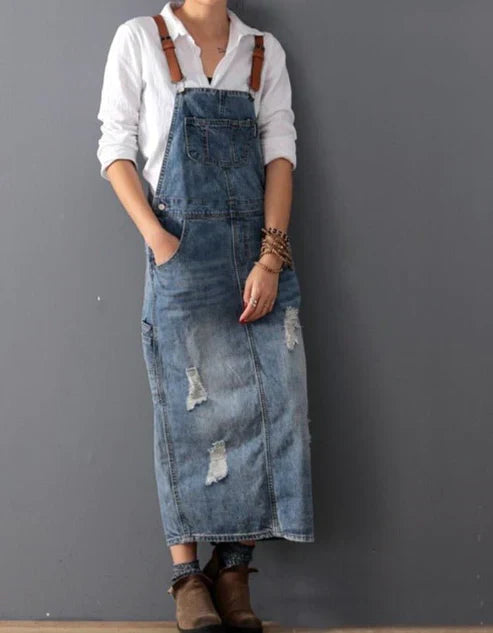 Torn denim overalls dress