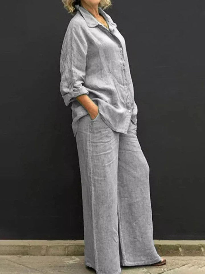 Casual linen ensemble ladies button placket