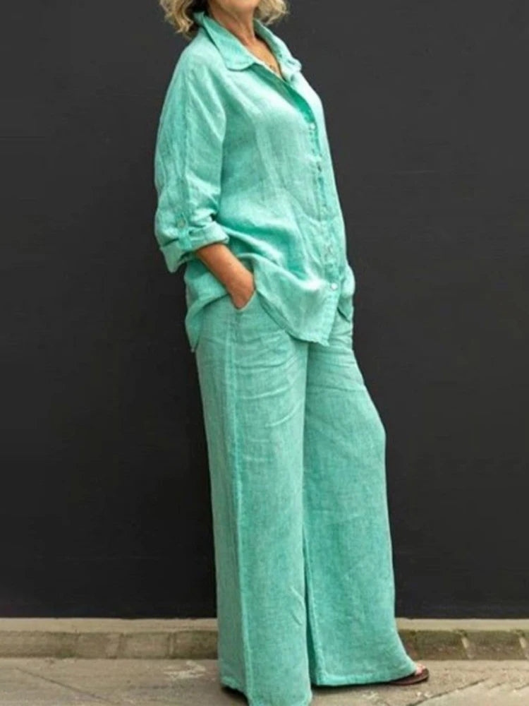 Casual linen ensemble ladies button placket