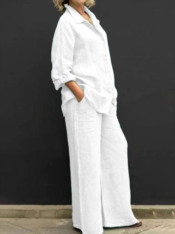 Casual linen ensemble ladies button placket