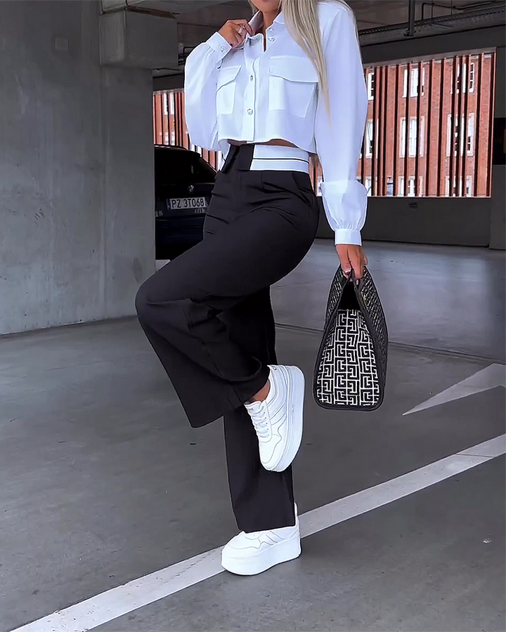 Long-sleeved top and trousers with high waist