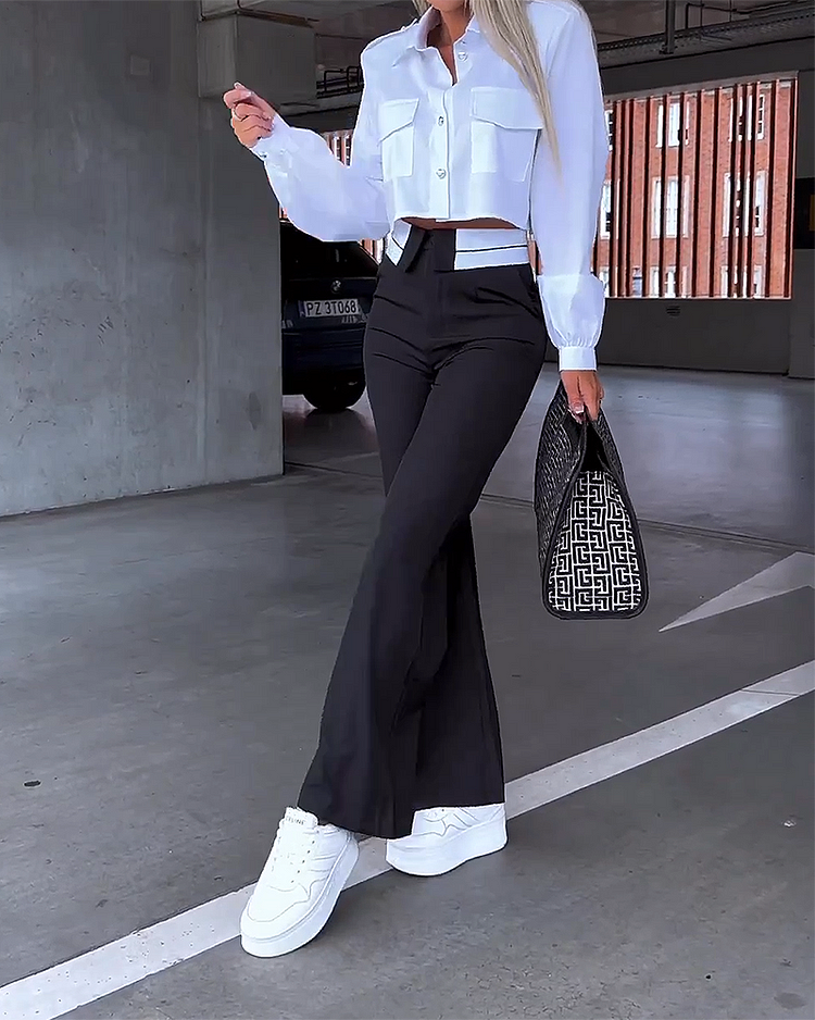 Long-sleeved top and trousers with high waist