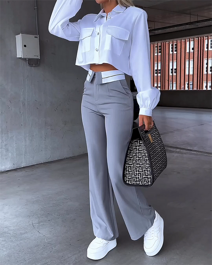 Long-sleeved top and trousers with high waist