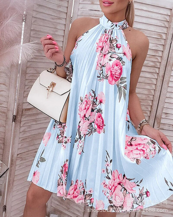 Floral print Halter Casual Pleated Dress