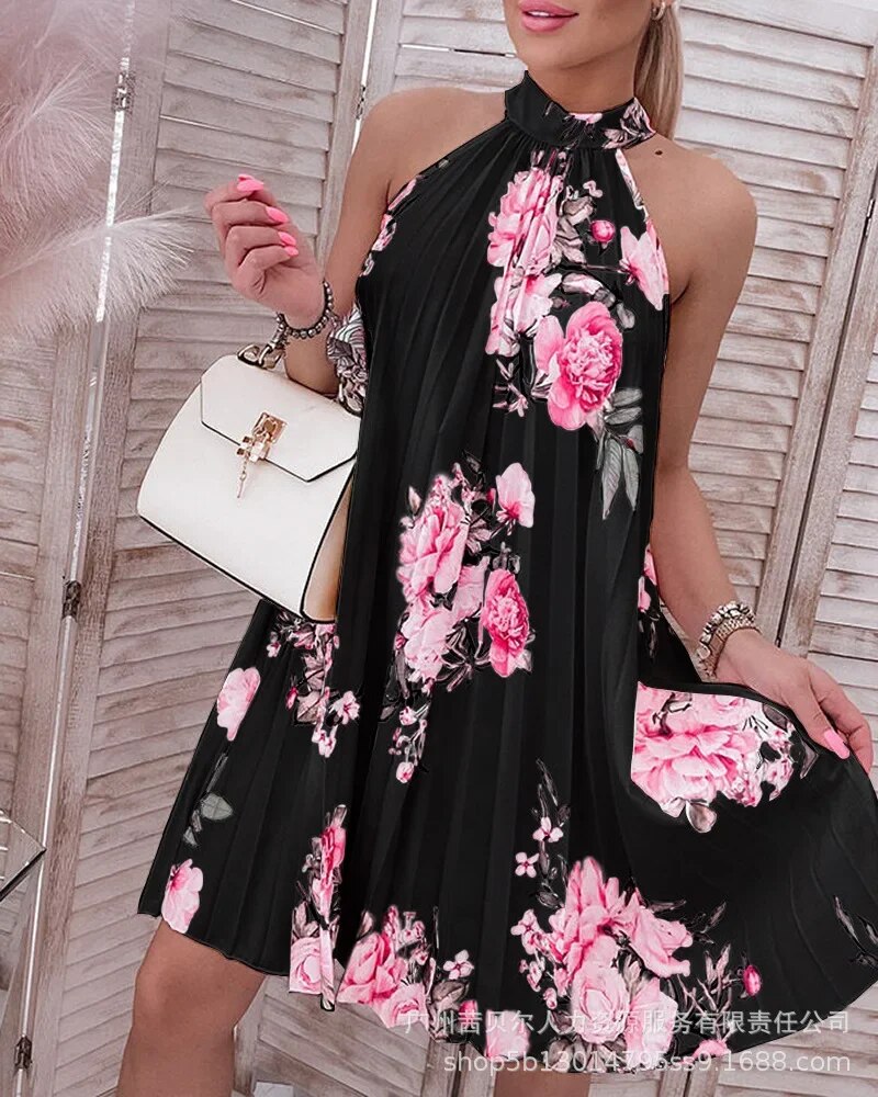 Floral print Halter Casual Pleated Dress