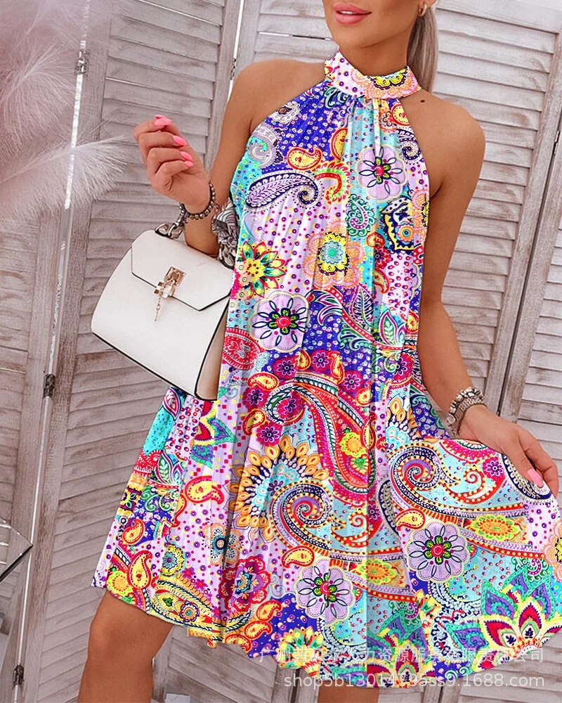 Floral print Halter Casual Pleated Dress