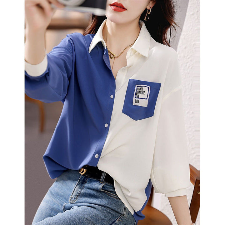 Women's Long Sleeve Turn-Down Collar Two Tone Blouse