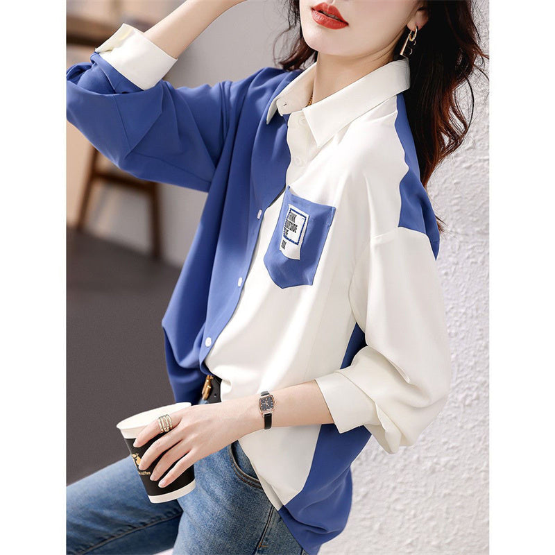 Women's Long Sleeve Turn-Down Collar Two Tone Blouse