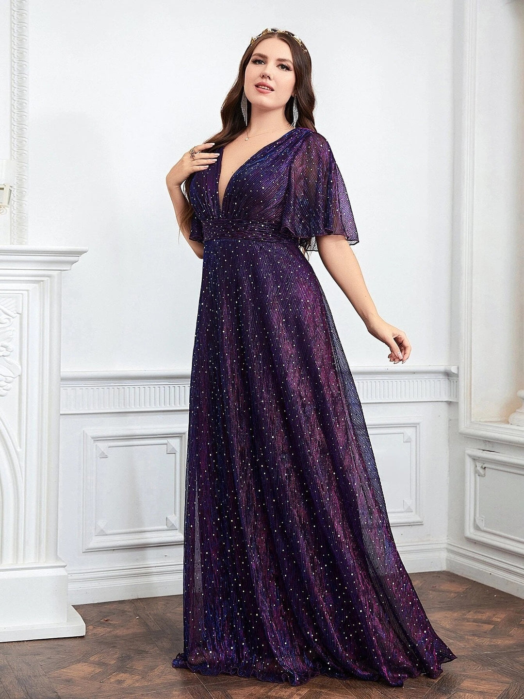 Women's Deep V-neck Butterfly Sleeve Paillettes Maxi Dress