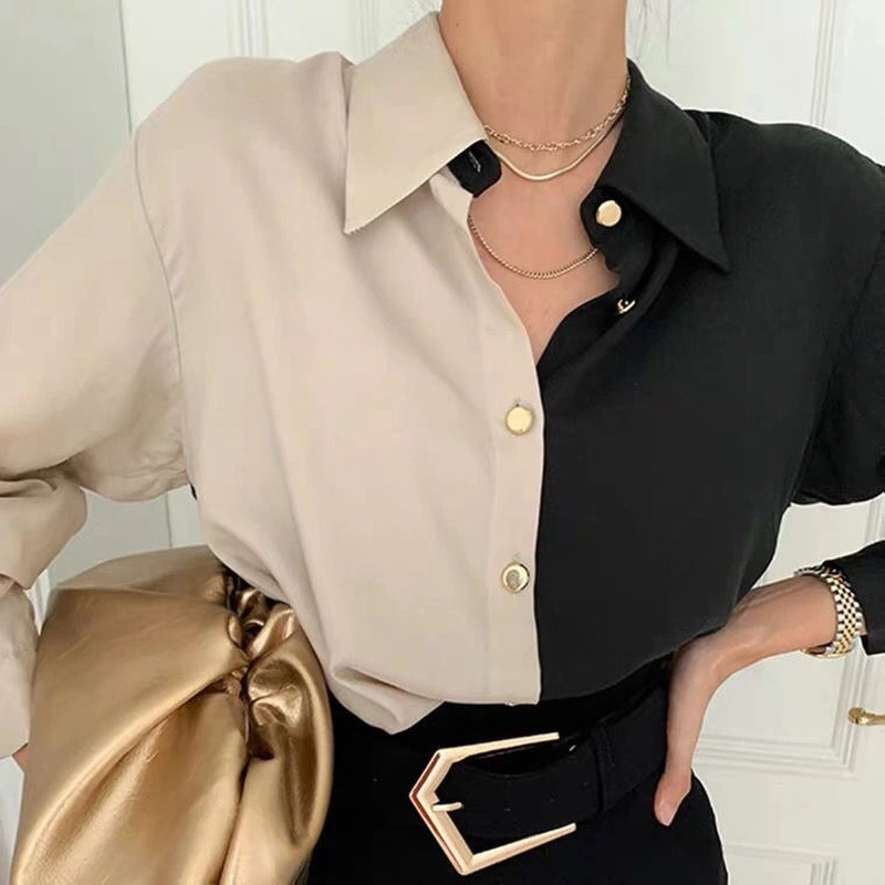 Women's Long Sleeves Turn-Up Collar Two Tone Blouse