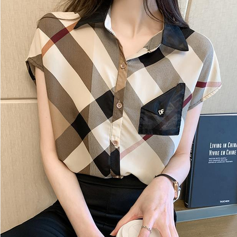 Women's Short Sleeve Checked Chiffon Blouse