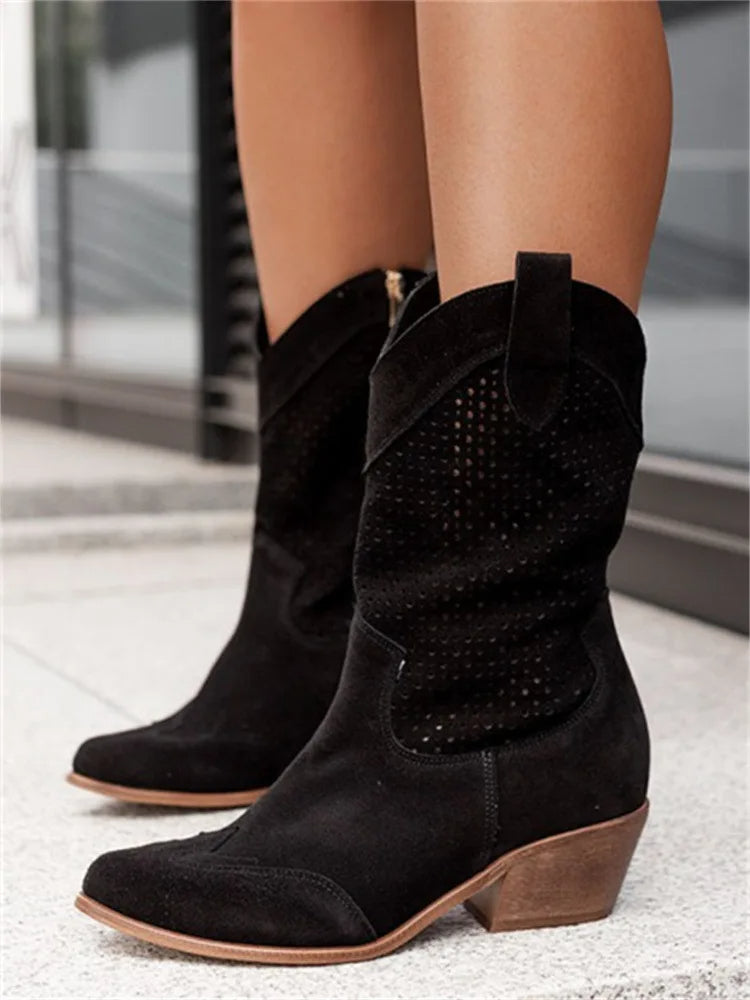 Women's - Western Chic Boots - Stylish Faux Leather - Trendy Cowboy Style Footwear