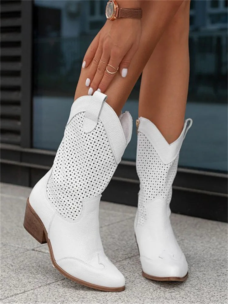 Women's - Western Chic Boots - Stylish Faux Leather - Trendy Cowboy Style Footwear