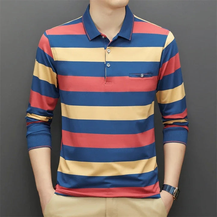 Tricolour Striped Men's Long-Sleeved Polo Shirt