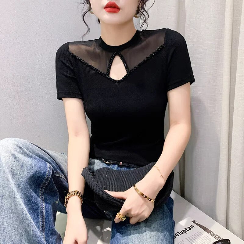 Hollow-out Mesh Top Beaded Shirt for Women