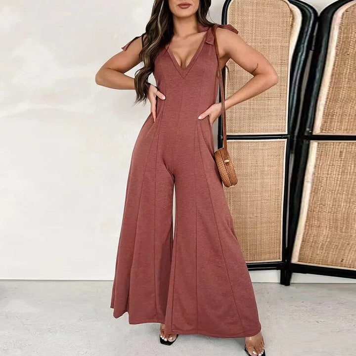 Women's Deep V-Neck Tie Shoulder Wide Leg Jumpsuit