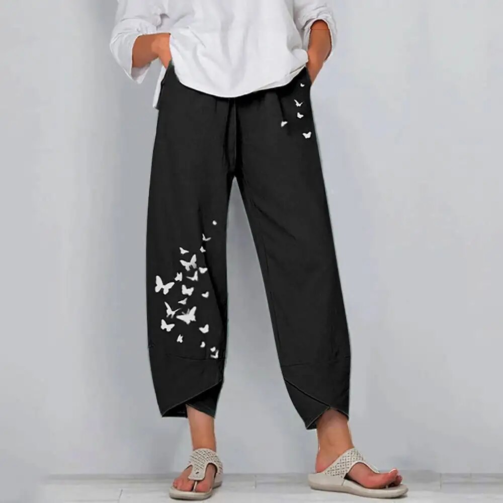 Women's Elastic Waist Butterfly Print Cropped Harem Pants