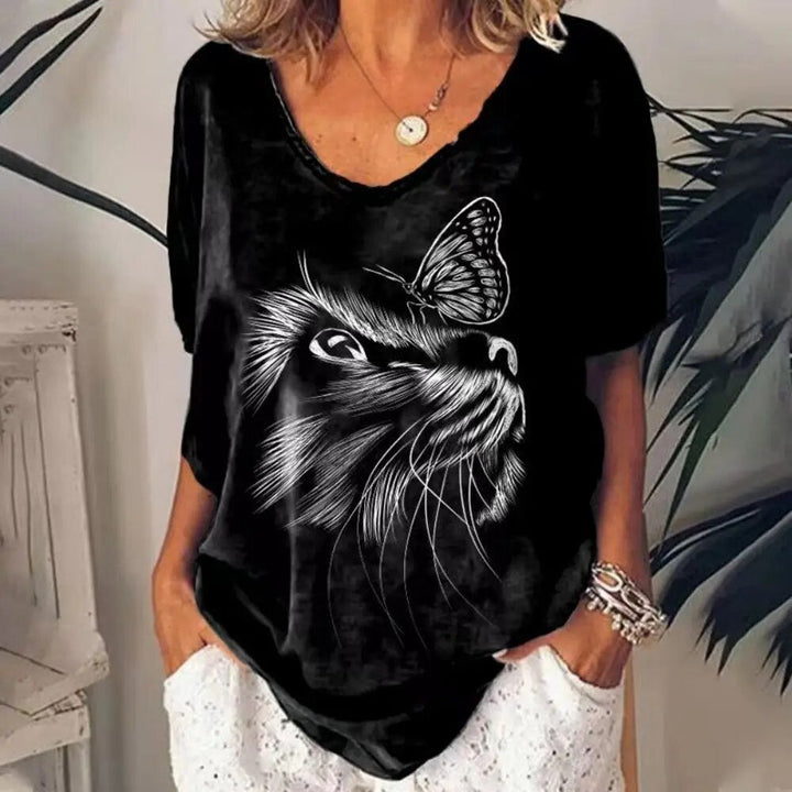 Women's V-neck Loose fit Cat Graphic T-shirt