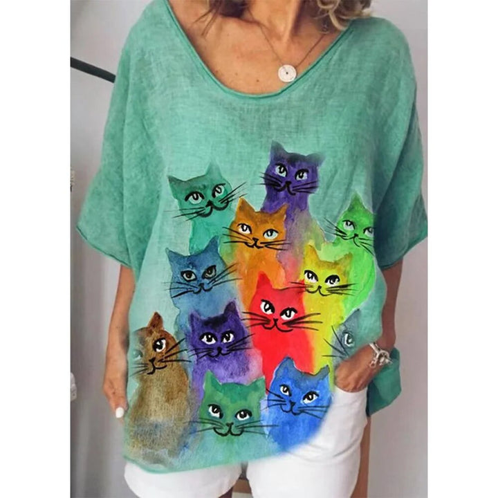 Women's V-neck Loose fit Cat Graphic T-shirt