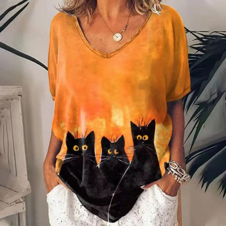 Women's V-neck Loose fit Cat Graphic T-shirt