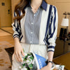 Women's Long Sleeves Contrast Colour Striped Blouse with Collar