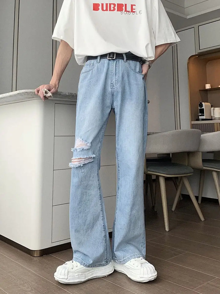 Ripped Flared Denim Trousers for Men