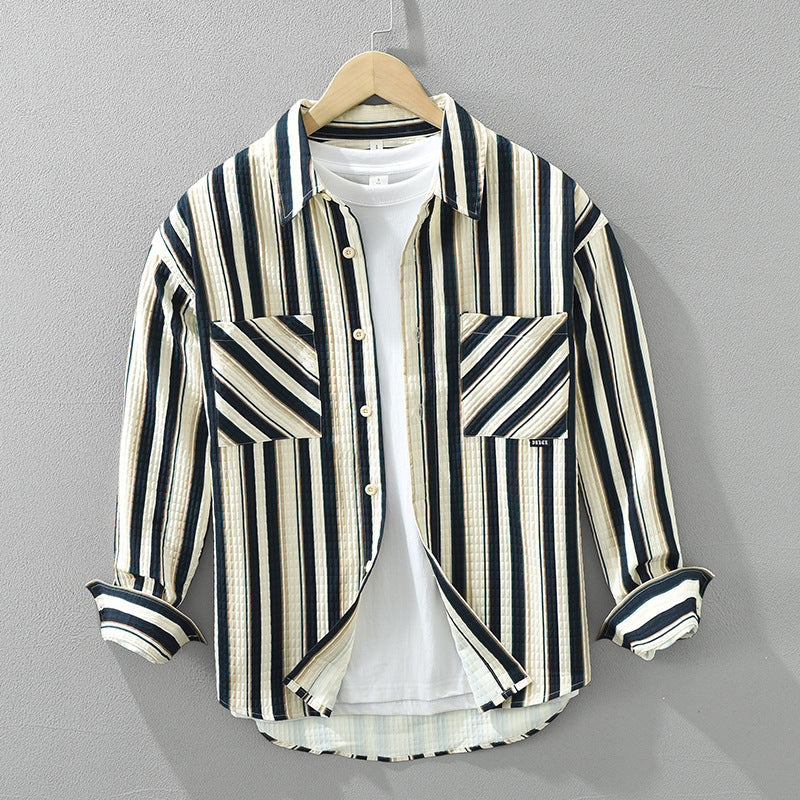 Long sleeve Burt-Up Collar Striped Shirt for Men