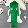 Women's Turtle Neck Bodycon Knitted Dress with Belt