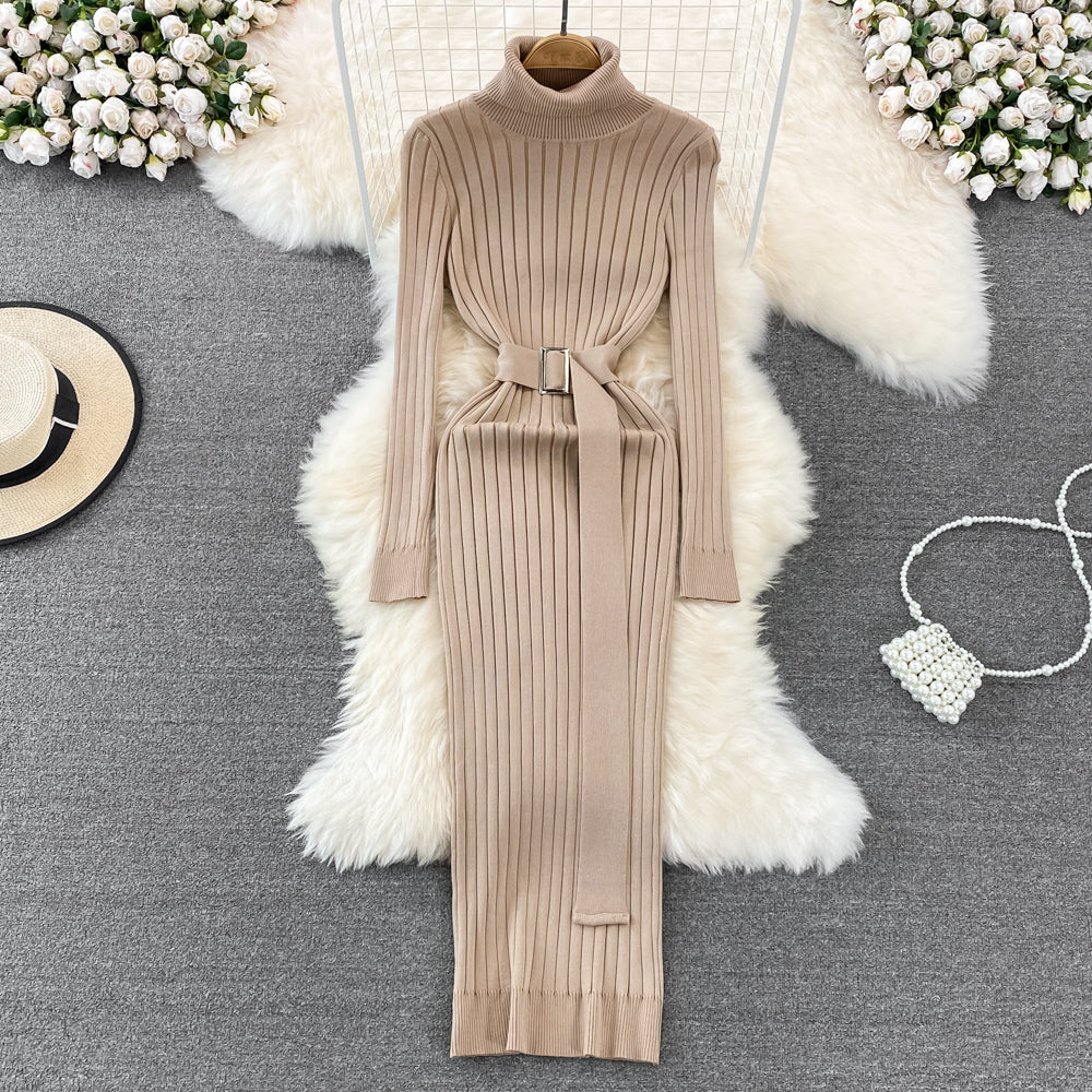 Women's Turtle Neck Bodycon Knitted Dress with Belt