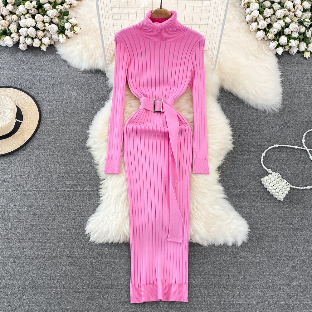 Women's Turtle Neck Bodycon Knitted Dress with Belt