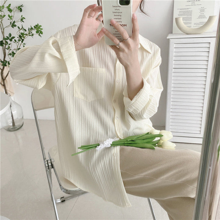 Simple long-sleeved blouse with polo collar