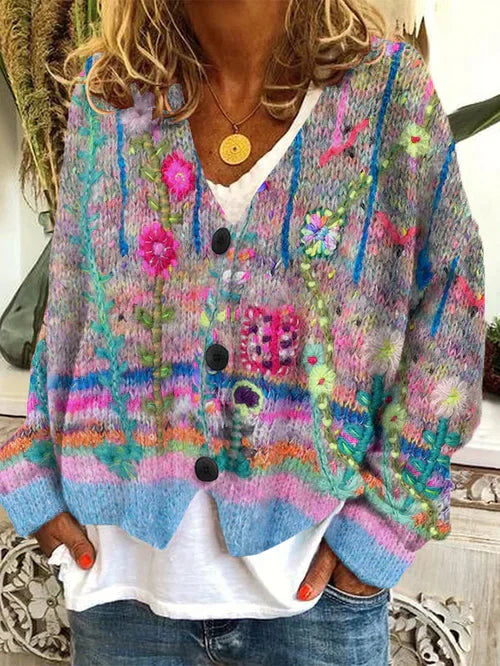 Women's retro cardigan made from printed faux wool