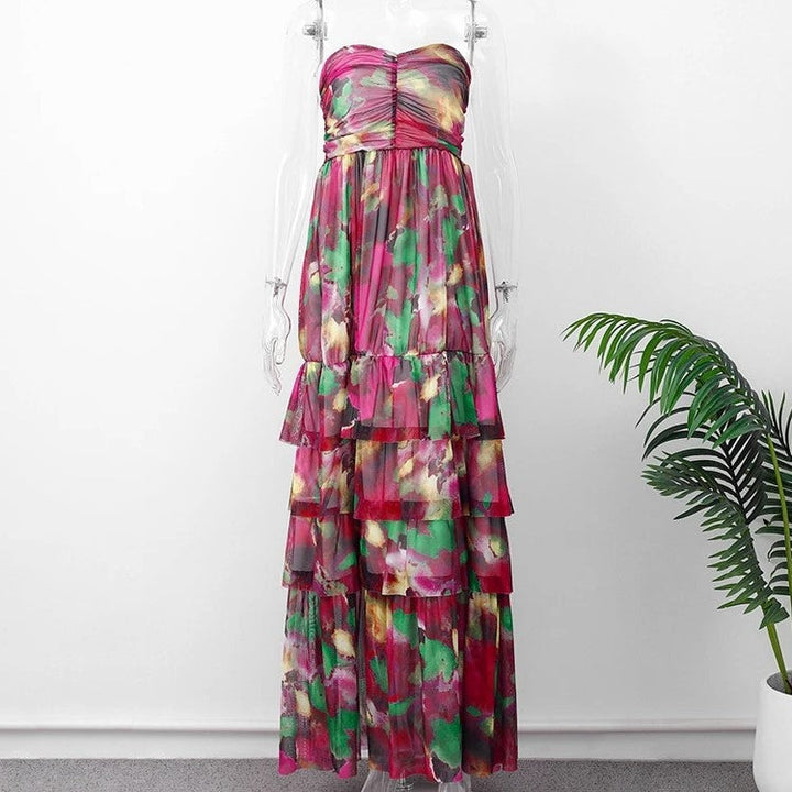 Off-the-shoulder maxi dress with tiers and floral pattern