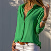 Women's blouse with V-neck and white button placket