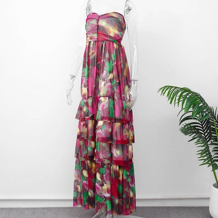 Off-the-shoulder maxi dress with tiers and floral pattern