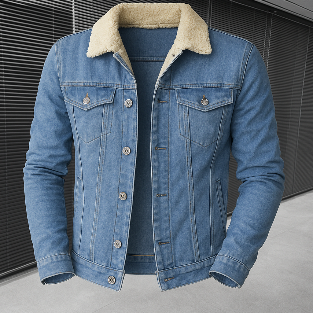 Men's - Denim Jacket - Sherpa Lined - Faux Shearling Collar - Stylish Casual Winter Outerwear
